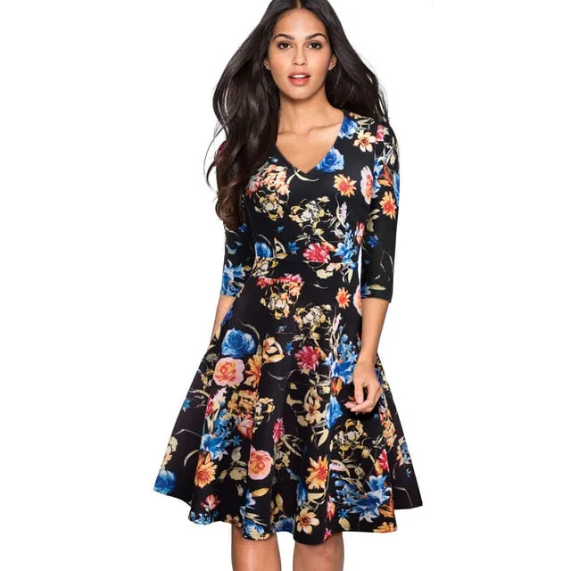 1950's Swing Fashion Elegant Lace Ruffle V-neck Flare Three Quarter Sleeve Dress