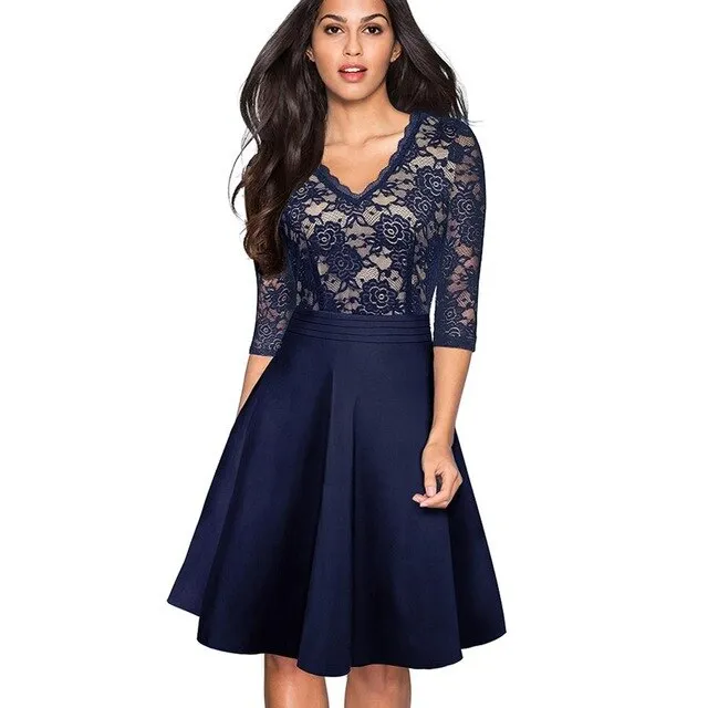 1950's Swing Fashion Elegant Lace Ruffle V-neck Flare Three Quarter Sleeve Dress