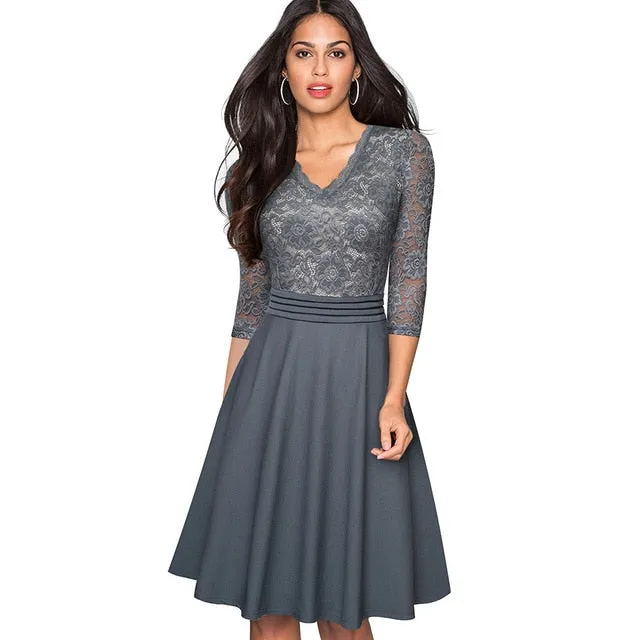 1950's Swing Fashion Elegant Lace Ruffle V-neck Flare Three Quarter Sleeve Dress