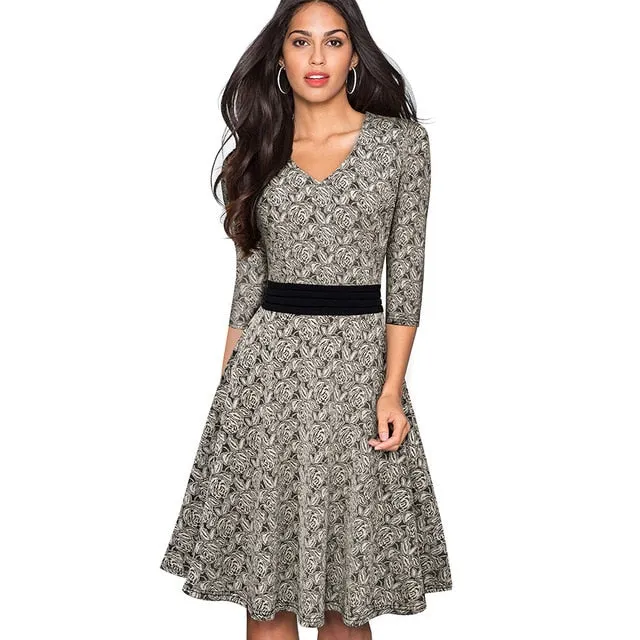 1950's Swing Fashion Elegant Lace Ruffle V-neck Flare Three Quarter Sleeve Dress