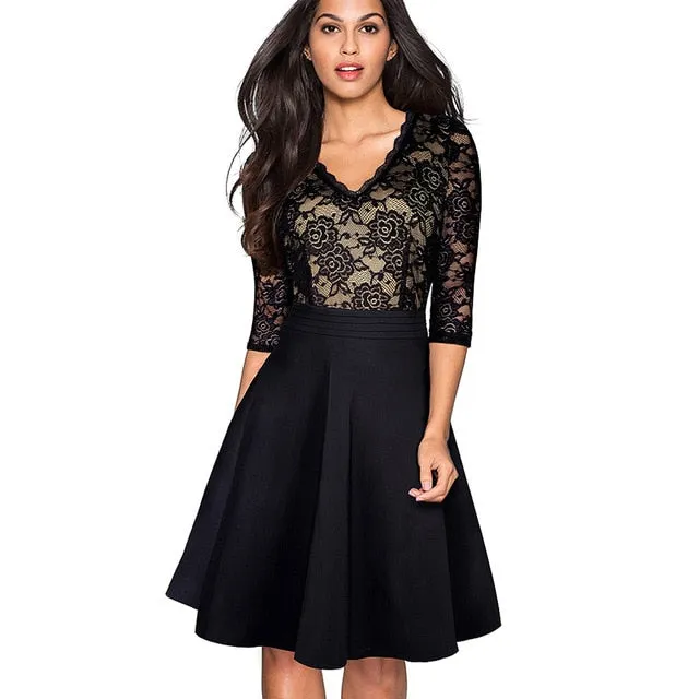 1950's Swing Fashion Elegant Lace Ruffle V-neck Flare Three Quarter Sleeve Dress