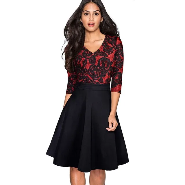 1950's Swing Fashion Elegant Lace Ruffle V-neck Flare Three Quarter Sleeve Dress