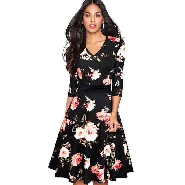 1950's Swing Fashion Elegant Lace Ruffle V-neck Flare Three Quarter Sleeve Dress