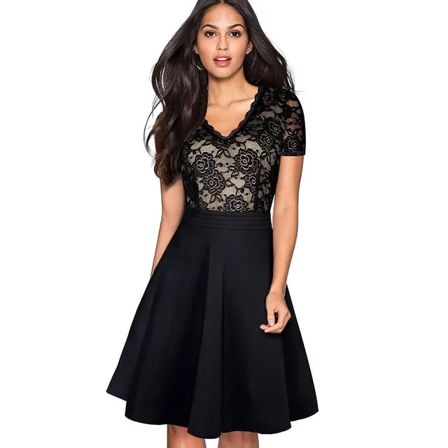 1950's Swing Fashion Elegant Lace Ruffle V-neck Flare Three Quarter Sleeve Dress