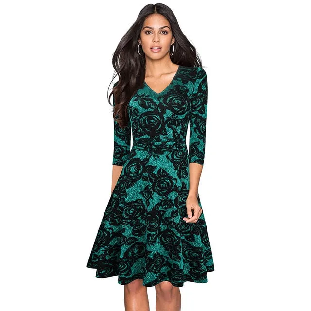 1950's Swing Fashion Elegant Lace Ruffle V-neck Flare Three Quarter Sleeve Dress