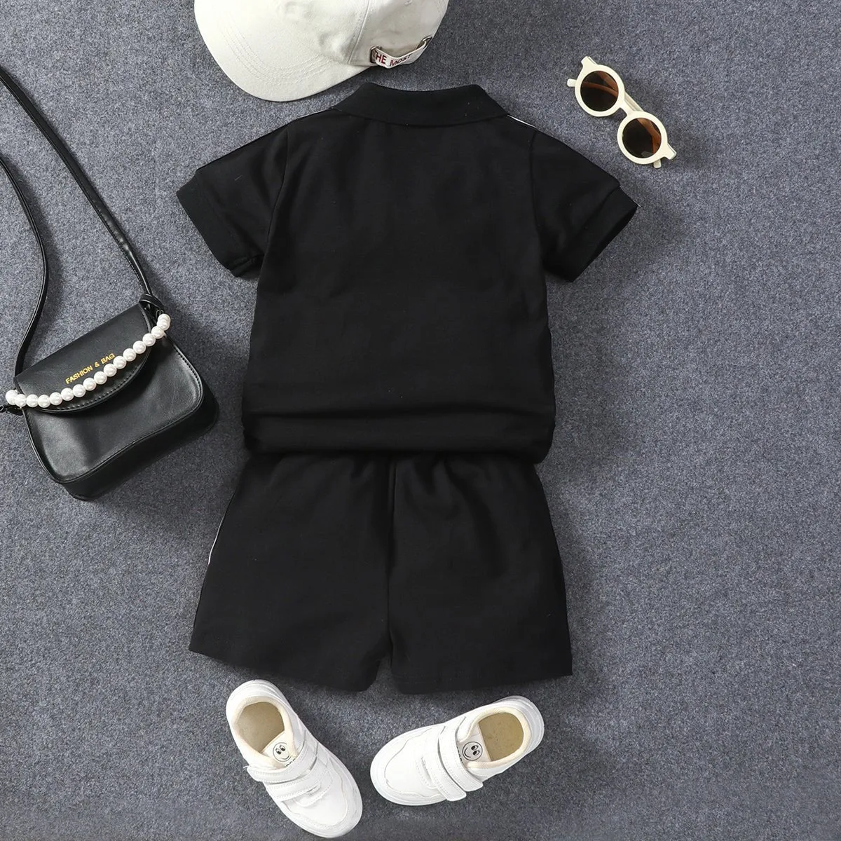 2pcs Toddler Boy Casual Colorblock Striped Polo Shirt and Shorts Set
