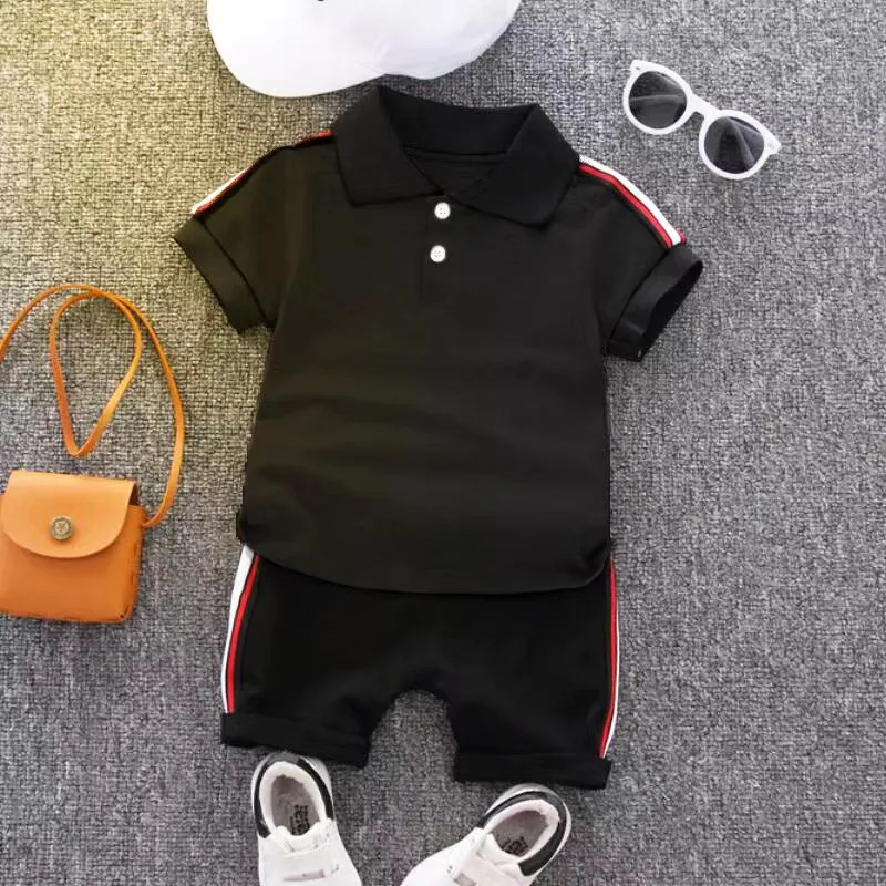 2pcs Toddler Boy Casual Colorblock Striped Polo Shirt and Shorts Set