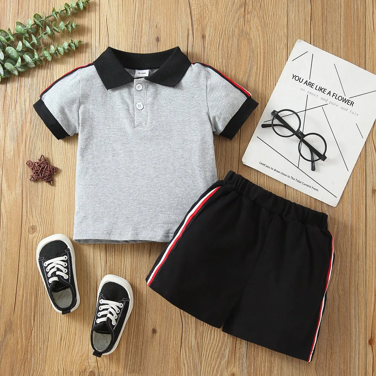 2pcs Toddler Boy Casual Colorblock Striped Polo Shirt and Shorts Set
