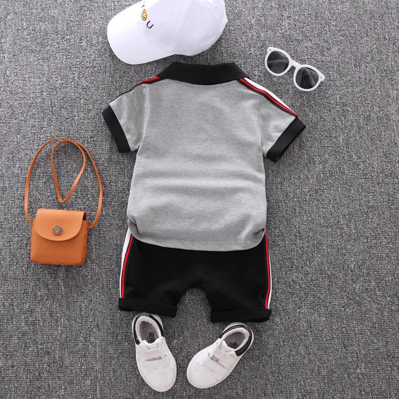 2pcs Toddler Boy Casual Colorblock Striped Polo Shirt and Shorts Set