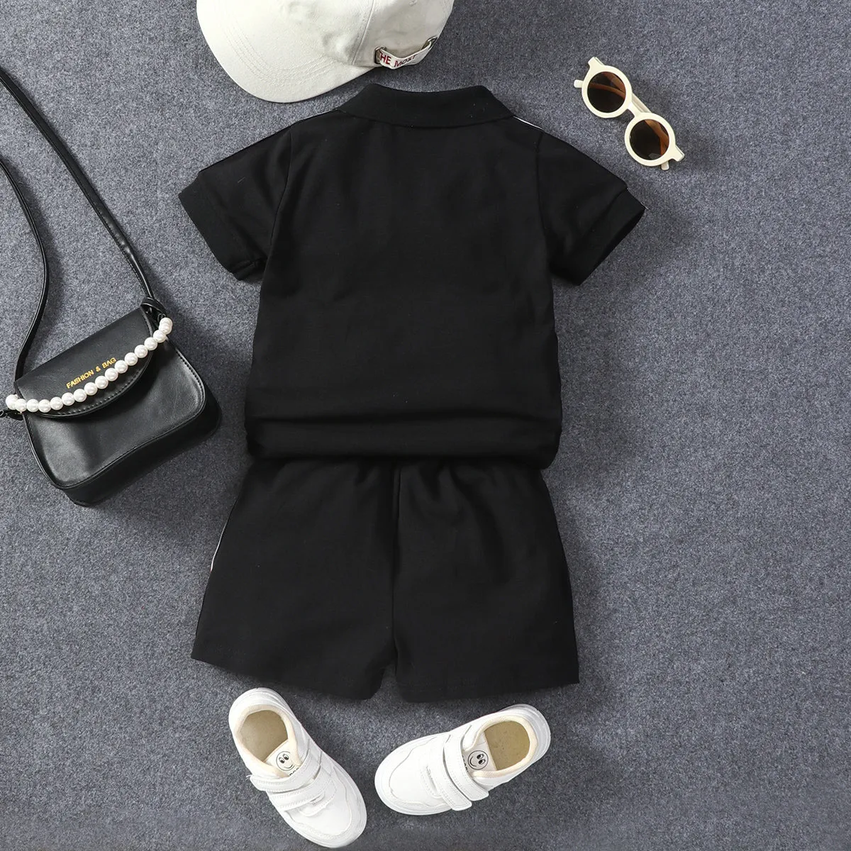2pcs Toddler Boy Casual Colorblock Striped Polo Shirt and Shorts Set
