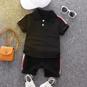 2pcs Toddler Boy Casual Colorblock Striped Polo Shirt and Shorts Set