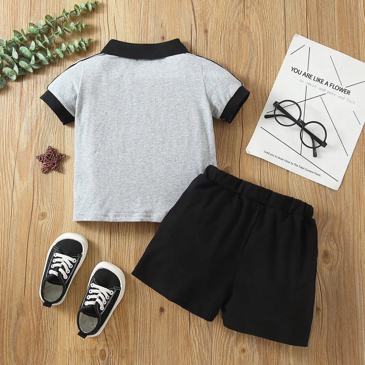2pcs Toddler Boy Casual Colorblock Striped Polo Shirt and Shorts Set