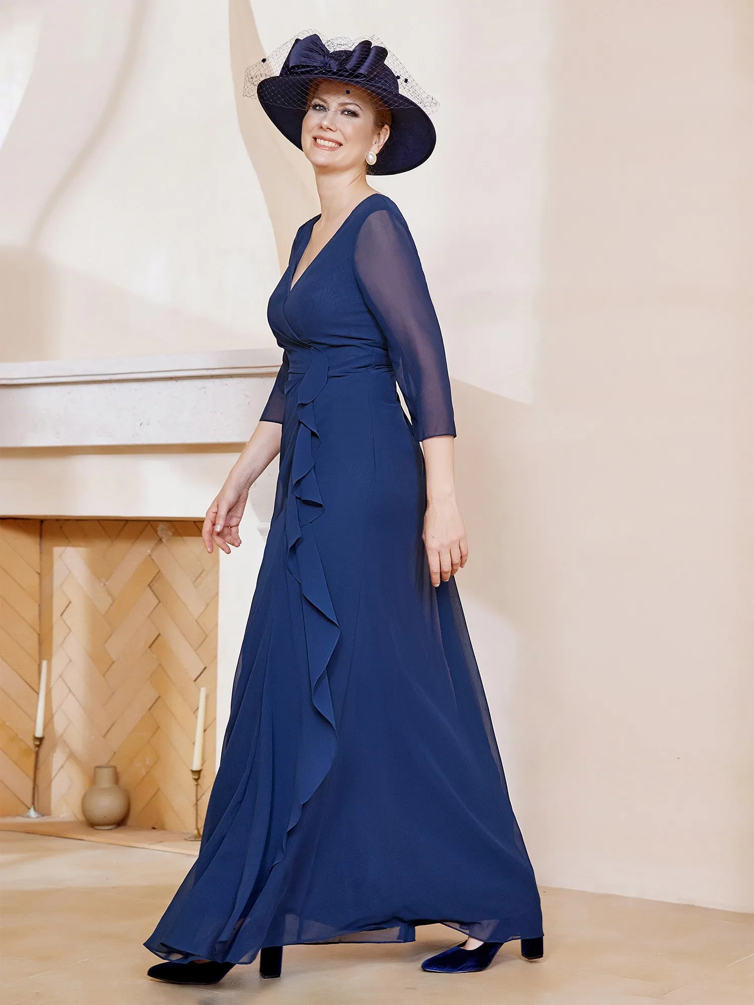 3/4-Length Sleeves V-neck Pleated Long Dress Dark Navy