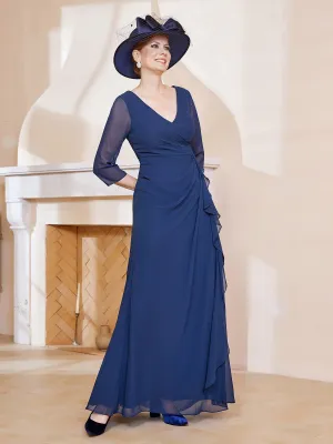 3/4-Length Sleeves V-neck Pleated Long Dress Dark Navy