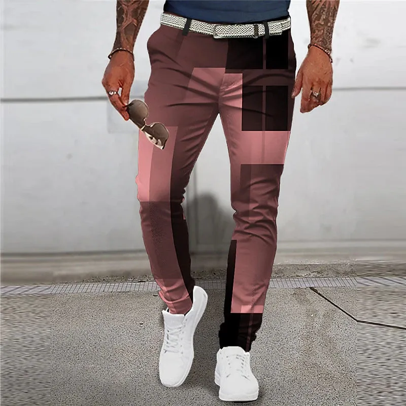 3D Geometry Print Men's Casual Pants - Pink/Blue/Green - S M L - Mid Waist Stretchy Outdoor Streetwear
