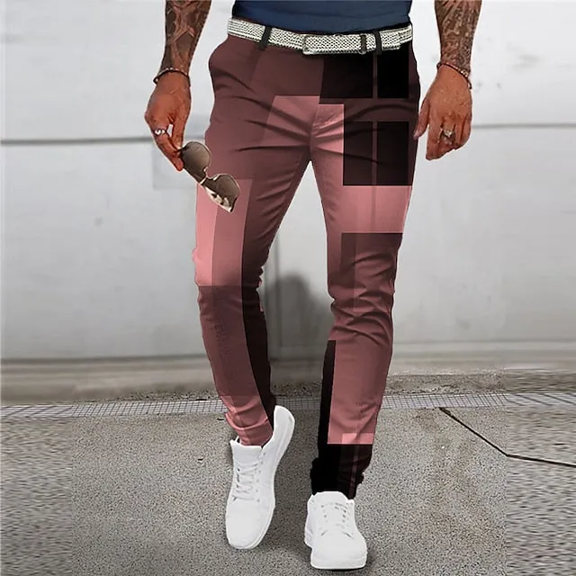 3D Geometry Print Men's Casual Pants - Pink/Blue/Green - S M L - Mid Waist Stretchy Outdoor Streetwear