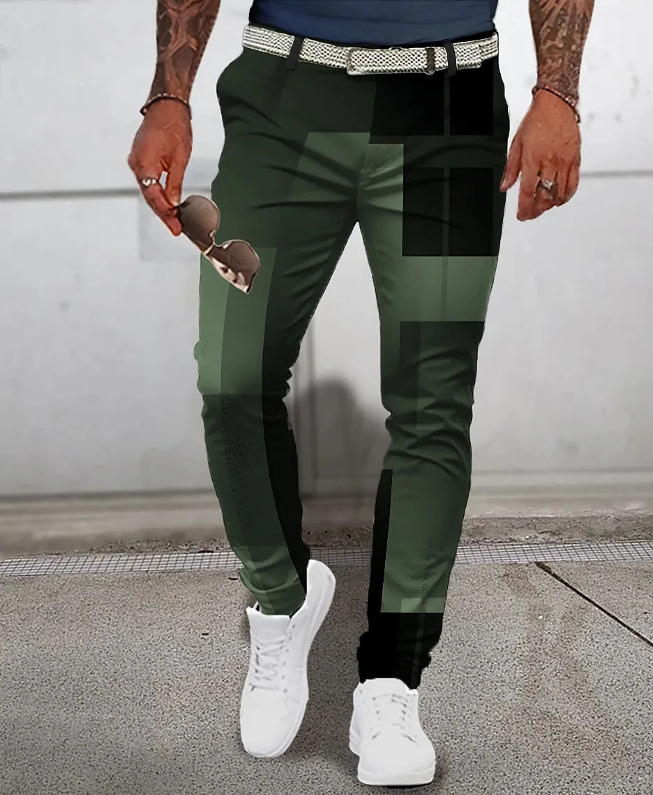 3D Geometry Print Men's Casual Pants - Pink/Blue/Green - S M L - Mid Waist Stretchy Outdoor Streetwear