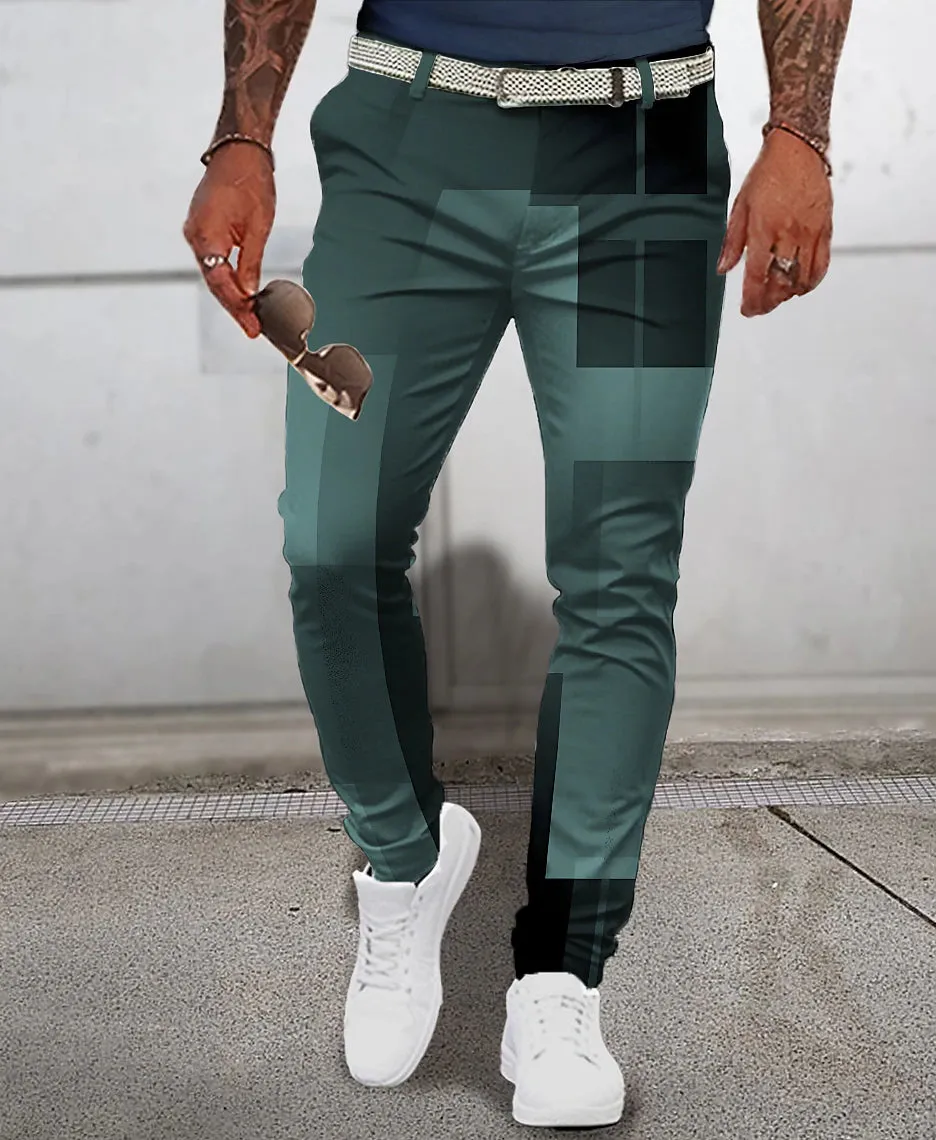 3D Geometry Print Men's Casual Pants - Pink/Blue/Green - S M L - Mid Waist Stretchy Outdoor Streetwear