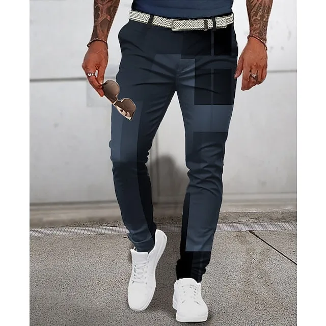 3D Geometry Print Men's Casual Pants - Pink/Blue/Green - S M L - Mid Waist Stretchy Outdoor Streetwear