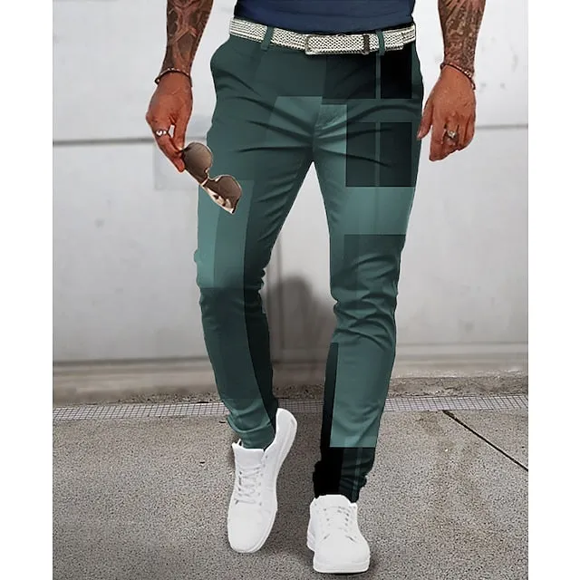 3D Geometry Print Men's Casual Pants - Pink/Blue/Green - S M L - Mid Waist Stretchy Outdoor Streetwear