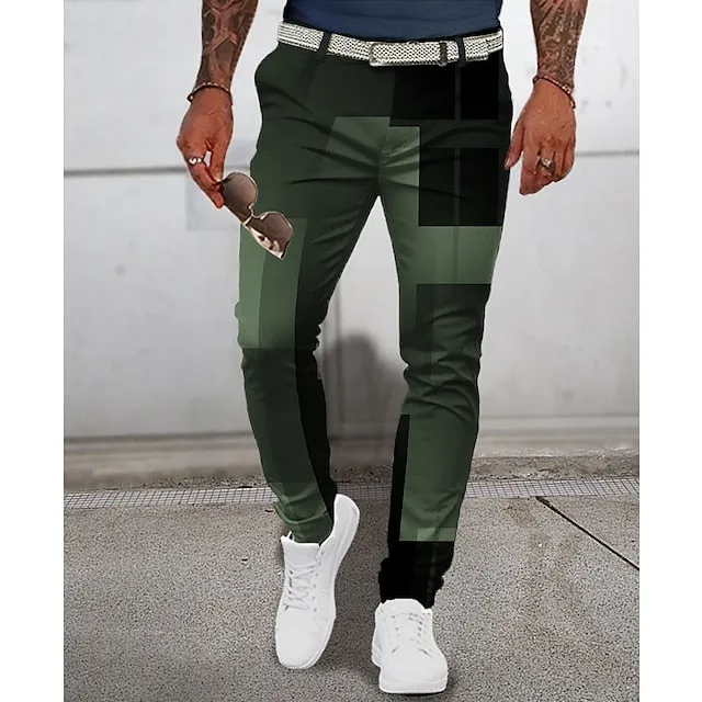 3D Geometry Print Men's Casual Pants - Pink/Blue/Green - S M L - Mid Waist Stretchy Outdoor Streetwear