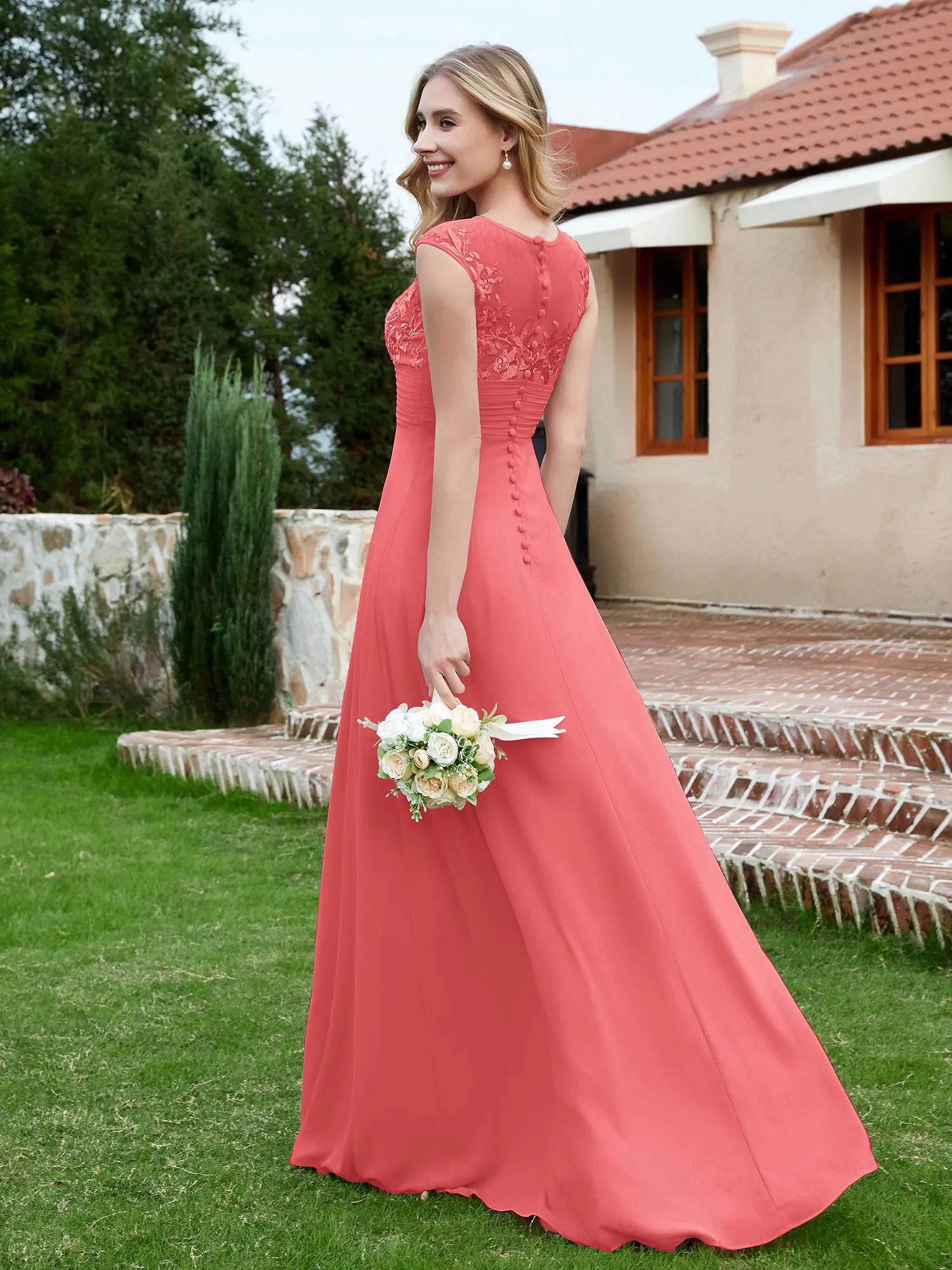 A-Line Chiffon Dress with Illusion Neckline Watermelon