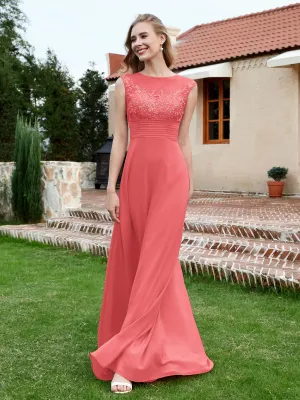 A-Line Chiffon Dress with Illusion Neckline Watermelon