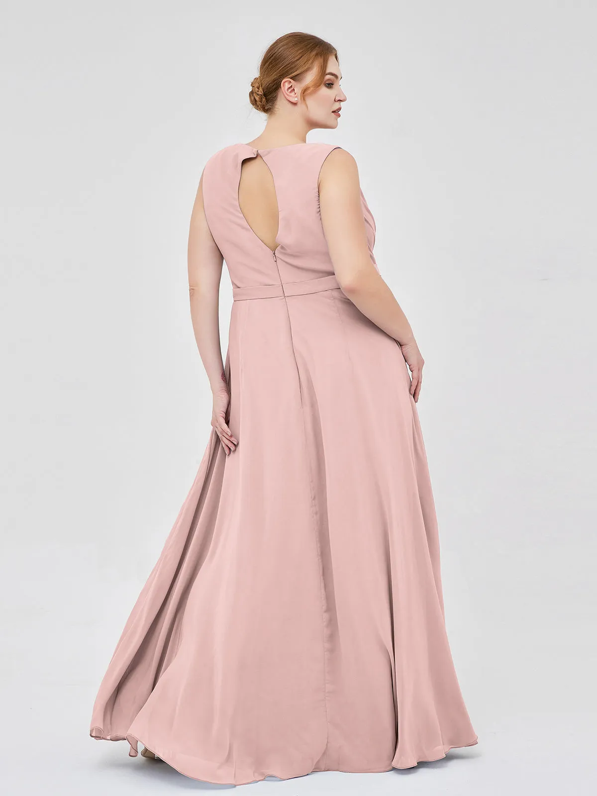 A-line Chiffon Open Back Dress With V-Neck Dusty Rose Plus Size