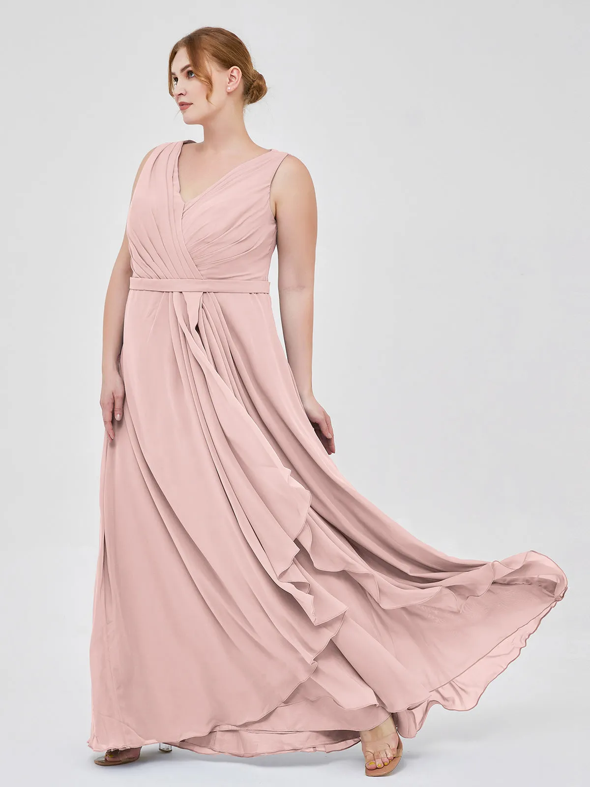 A-line Chiffon Open Back Dress With V-Neck Dusty Rose Plus Size