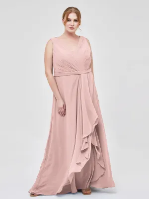 A-line Chiffon Open Back Dress With V-Neck Dusty Rose Plus Size