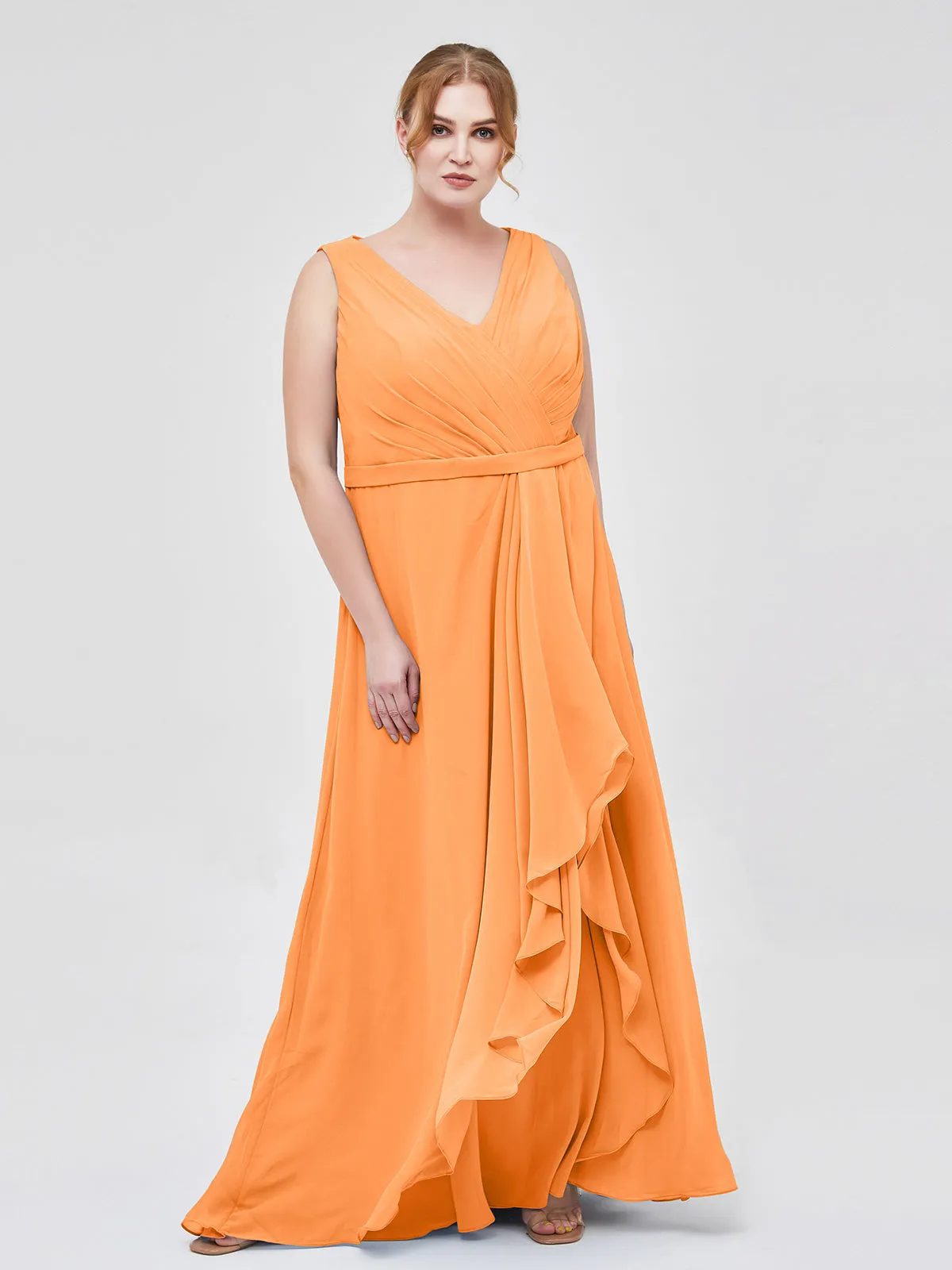 A-line Chiffon Open Back Dress With V-Neck Orange