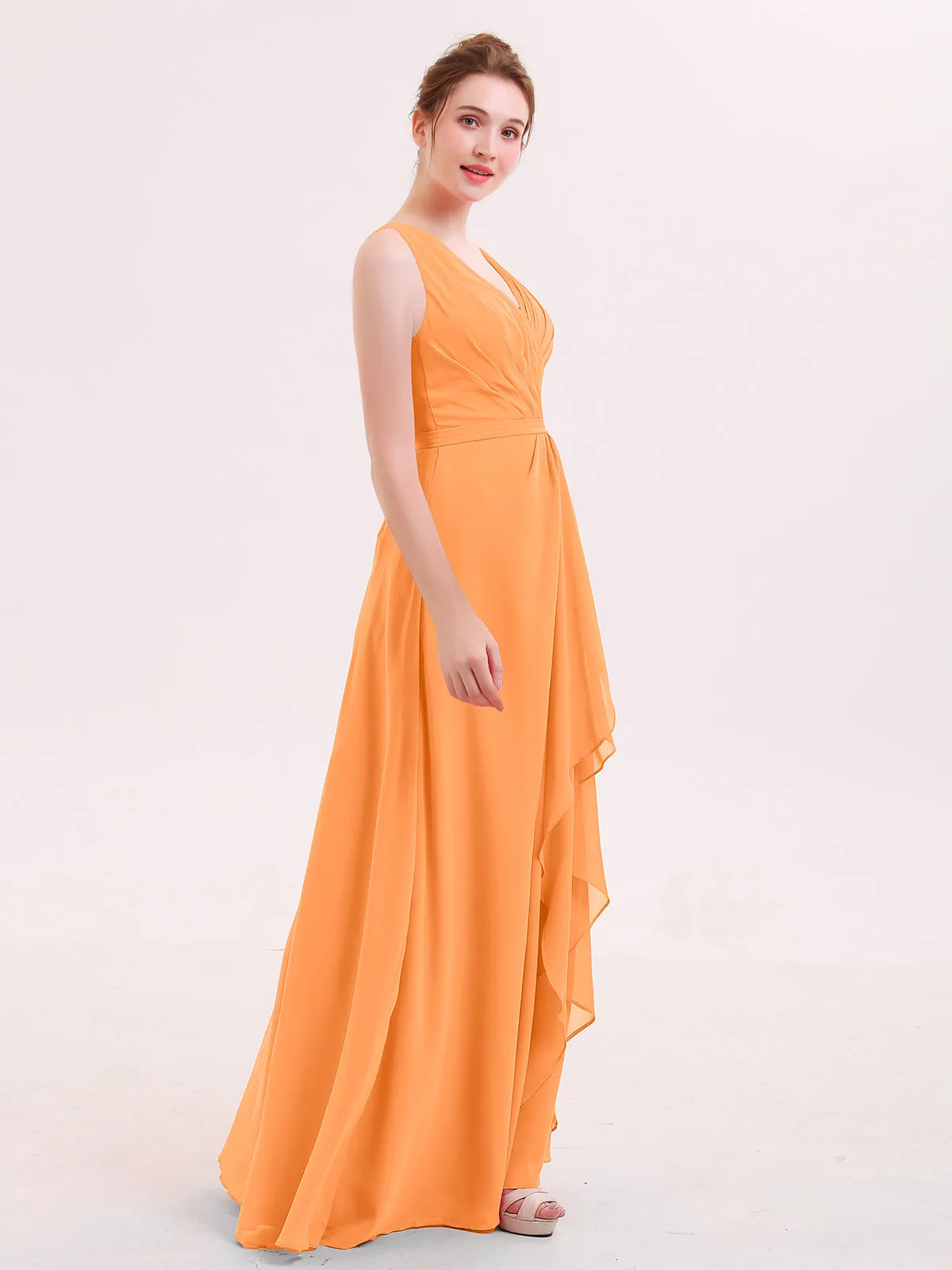 A-line Chiffon Open Back Dress With V-Neck Orange