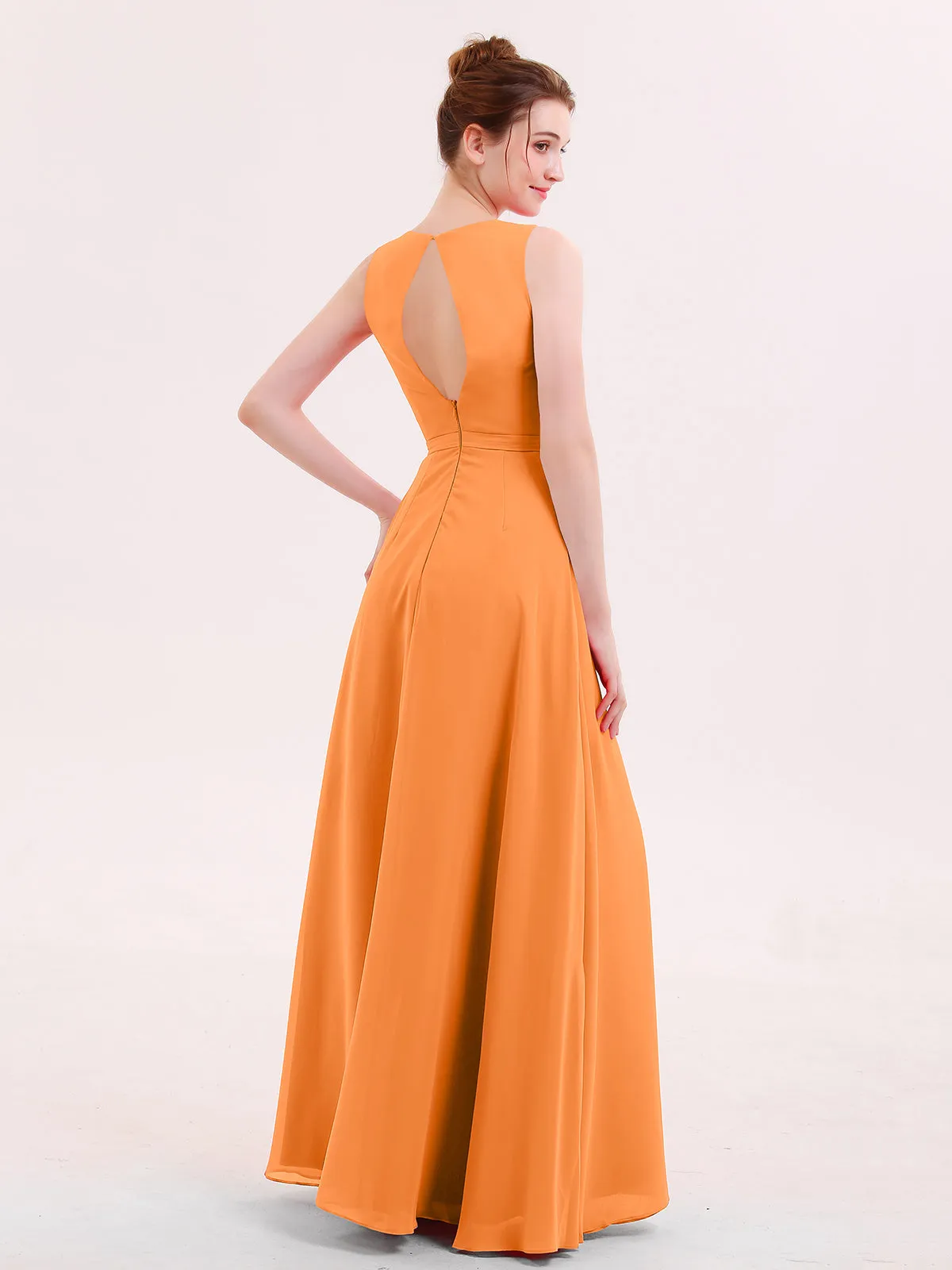 A-line Chiffon Open Back Dress With V-Neck Orange