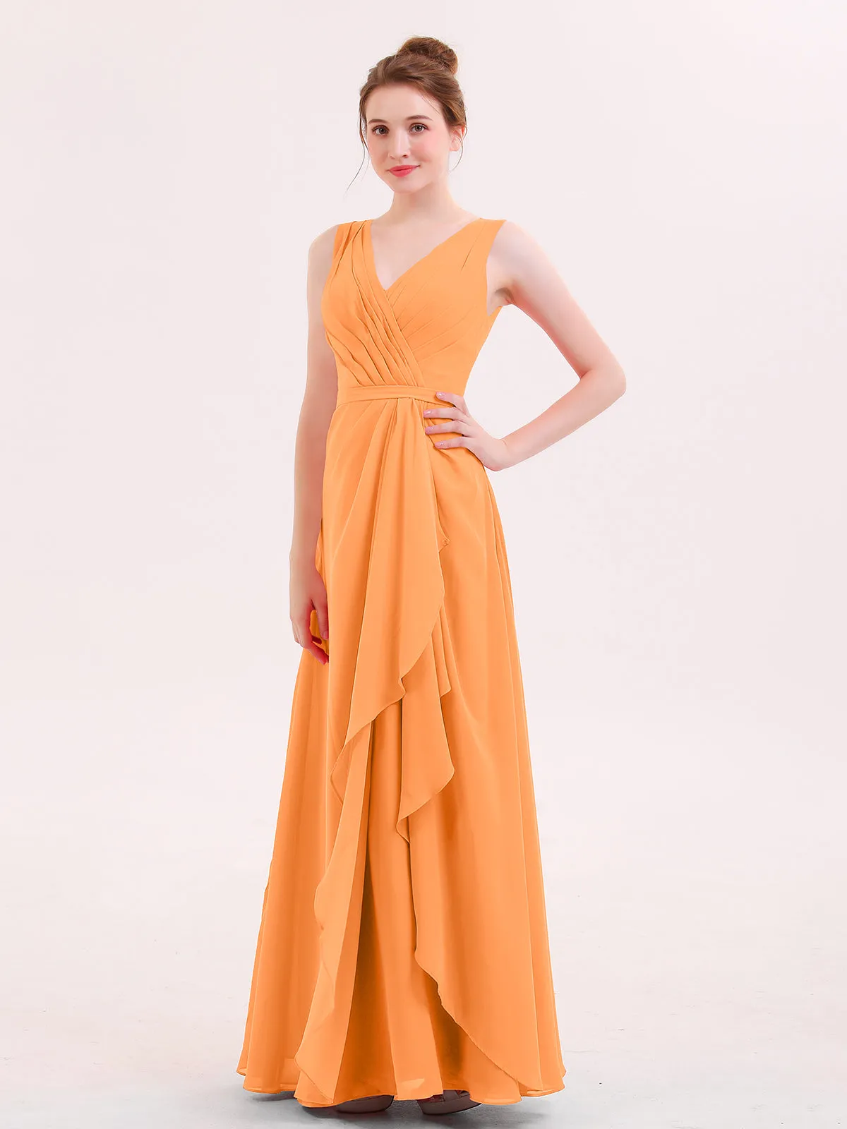 A-line Chiffon Open Back Dress With V-Neck Orange