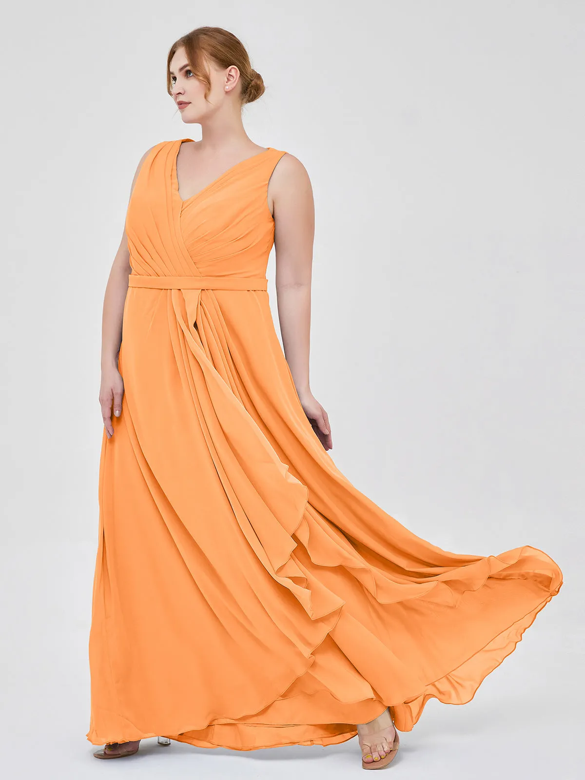 A-line Chiffon Open Back Dress With V-Neck Orange
