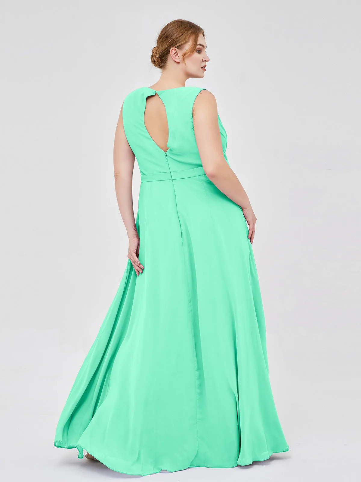 A-line Chiffon Open Back Dress With V-Neck Turquoise Plus Size