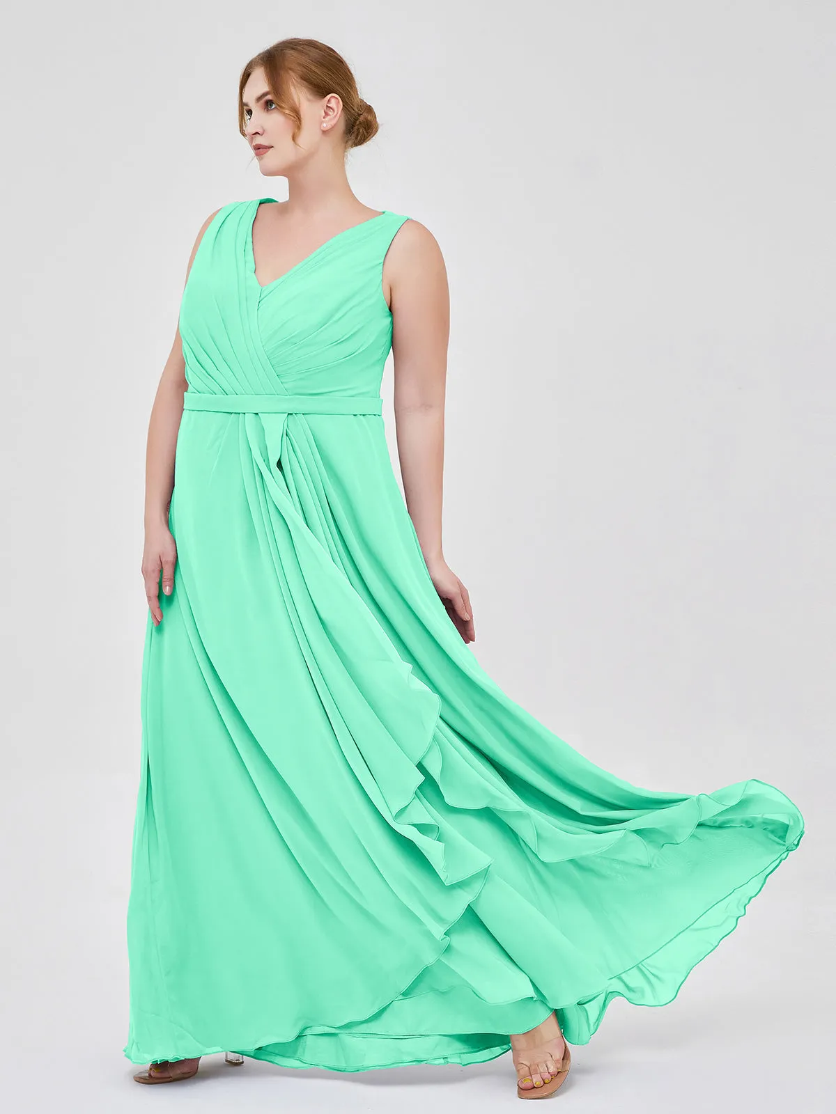 A-line Chiffon Open Back Dress With V-Neck Turquoise Plus Size