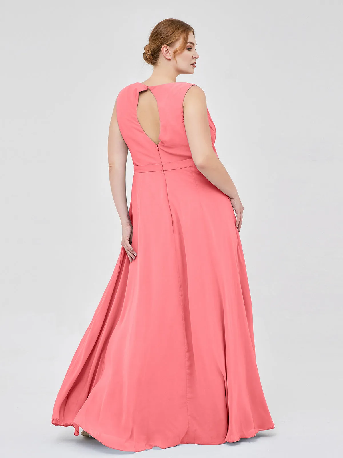 A-line Chiffon Open Back Dress With V-Neck Watermelon