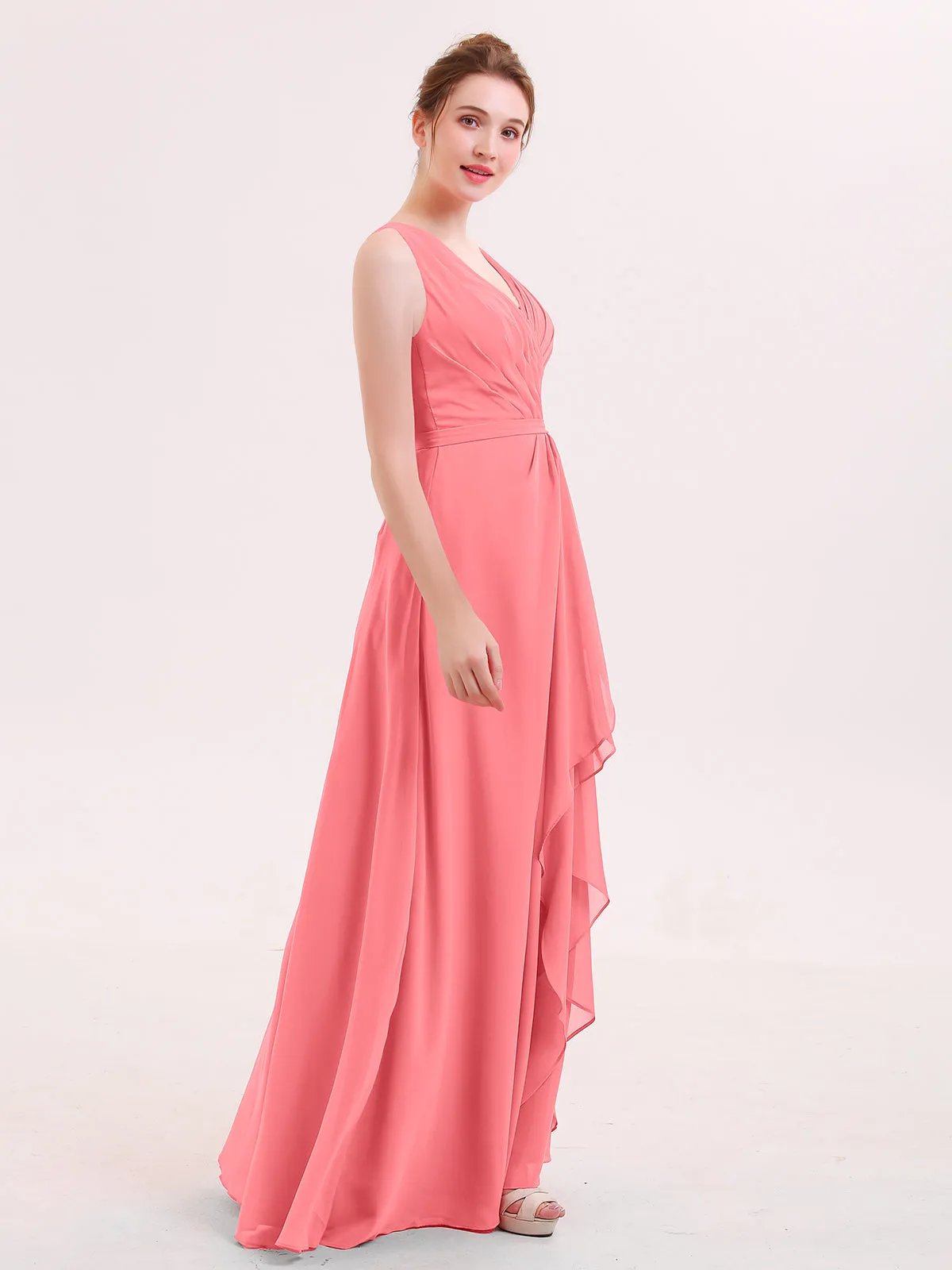 A-line Chiffon Open Back Dress With V-Neck Watermelon