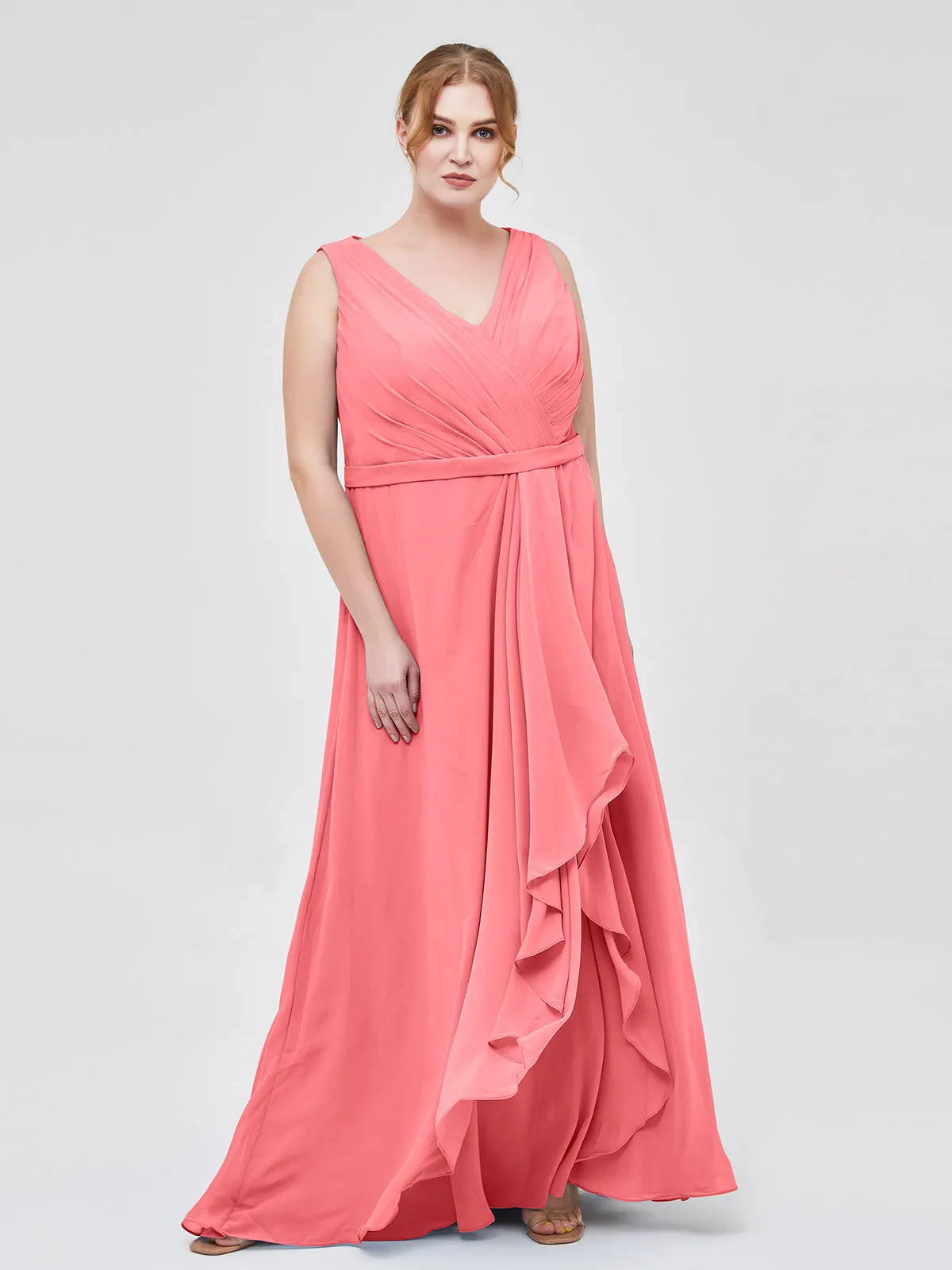 A-line Chiffon Open Back Dress With V-Neck Watermelon