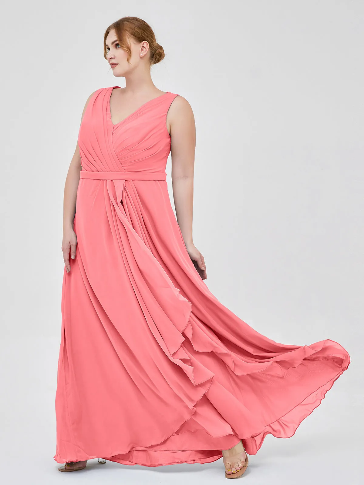 A-line Chiffon Open Back Dress With V-Neck Watermelon