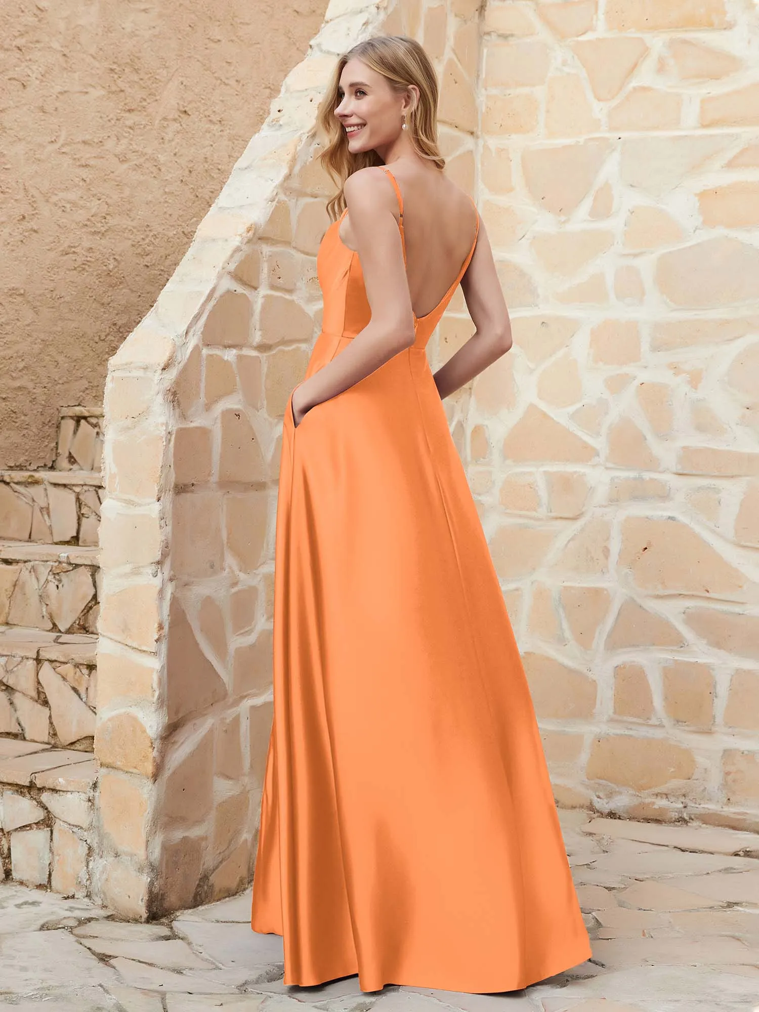 A-line Cowl Neck Satin Dress with Slit Orange Plus Size