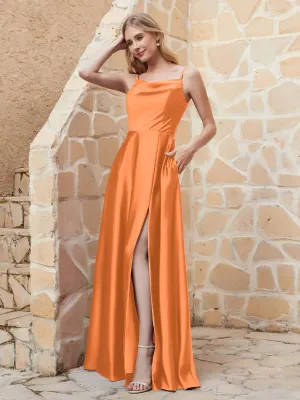 A-line Cowl Neck Satin Dress with Slit Orange Plus Size