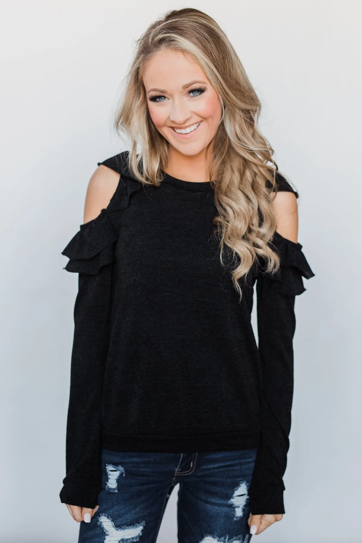 A New Hello Ruffle Cold Shoulder Top- Black