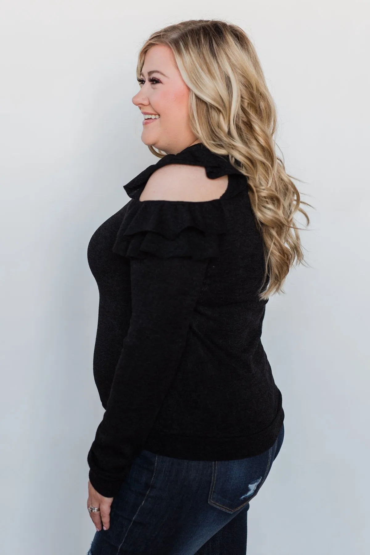A New Hello Ruffle Cold Shoulder Top- Black