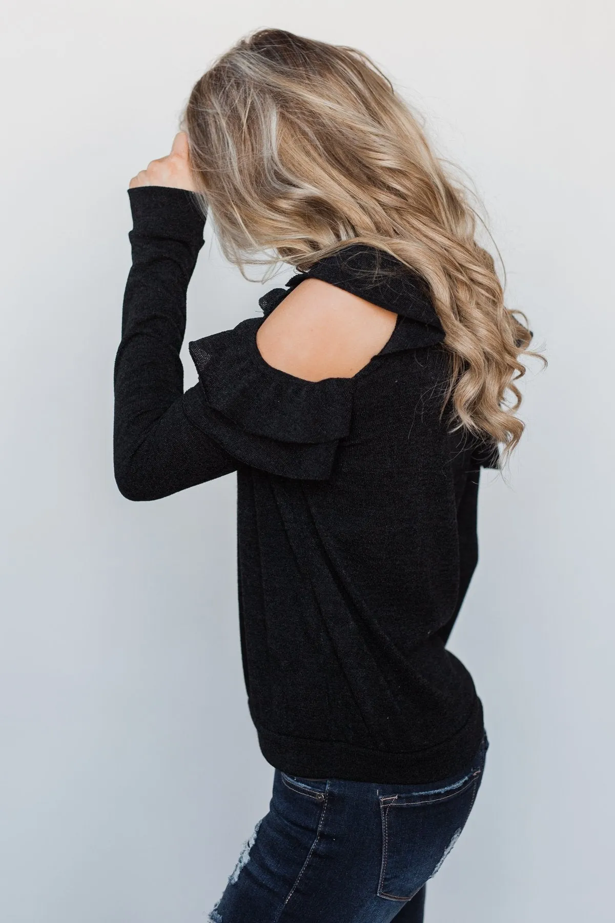 A New Hello Ruffle Cold Shoulder Top- Black