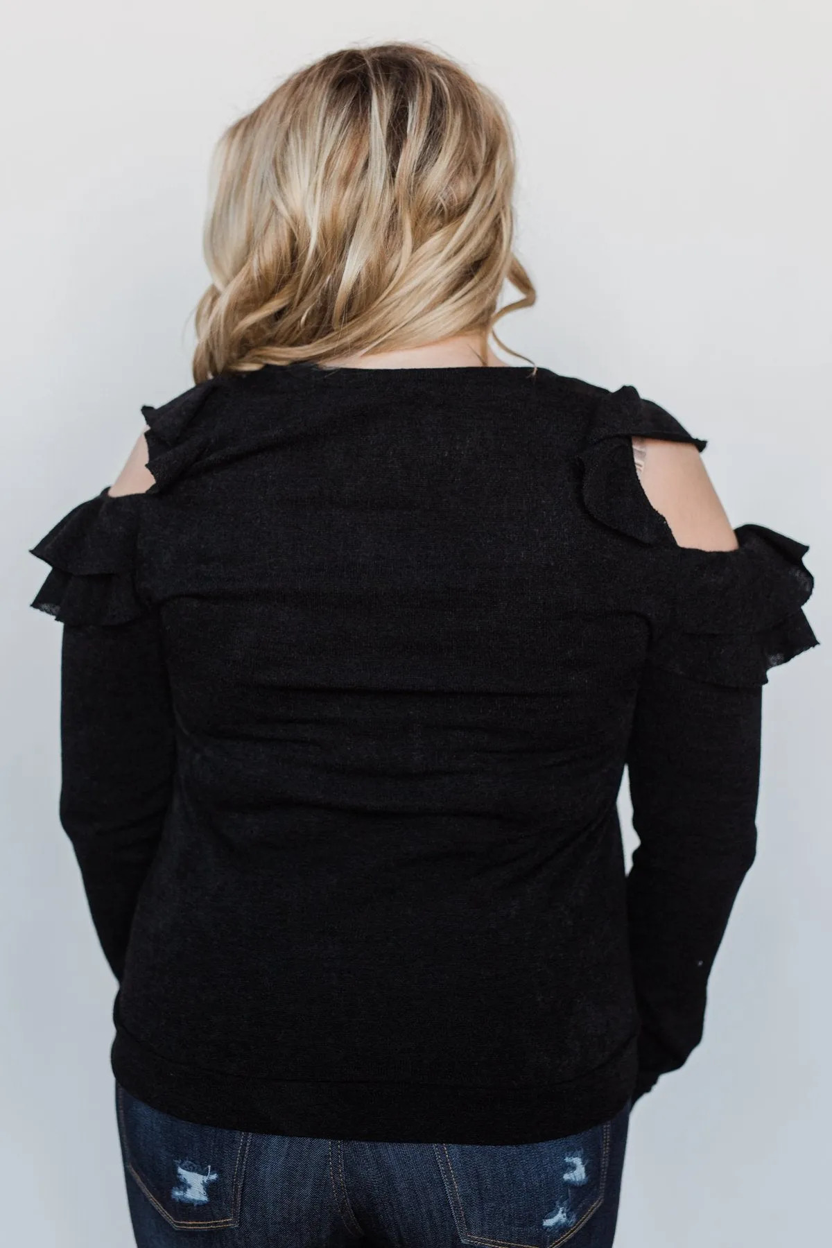 A New Hello Ruffle Cold Shoulder Top- Black