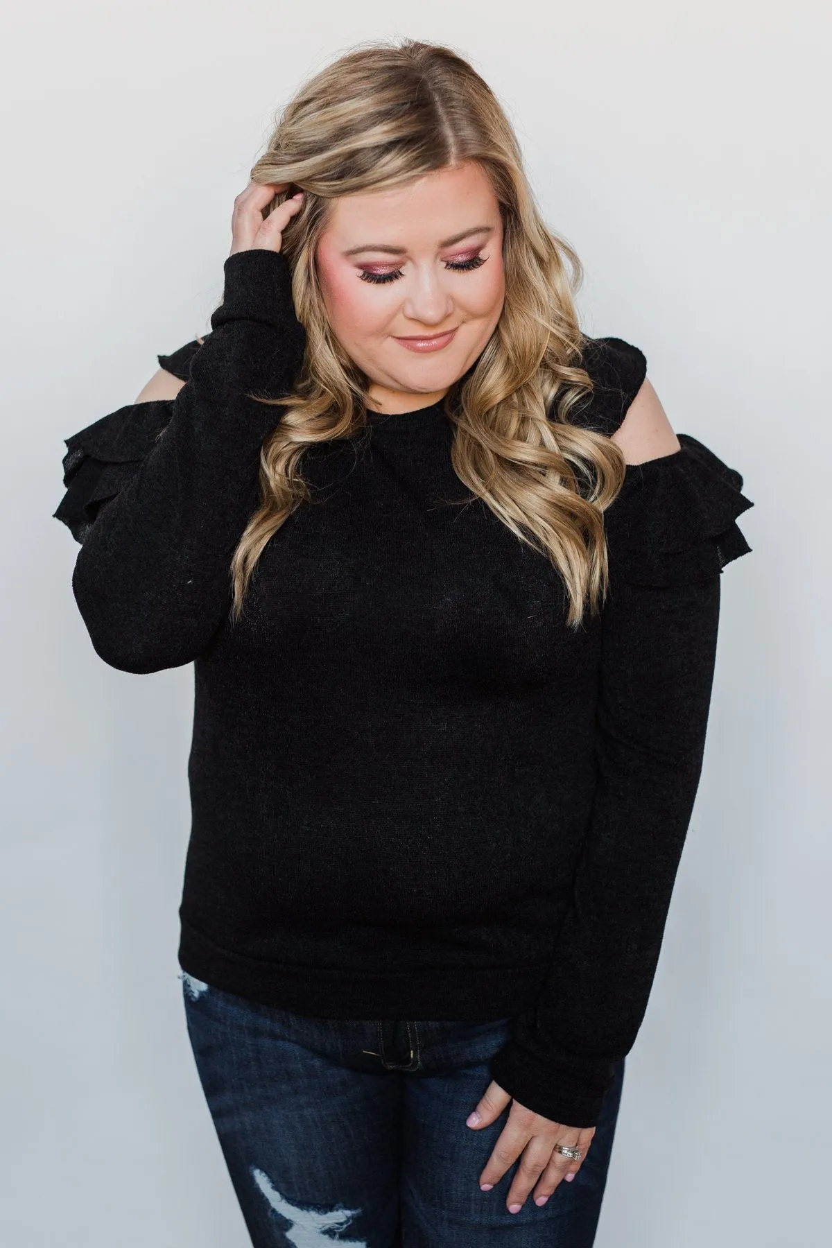 A New Hello Ruffle Cold Shoulder Top- Black