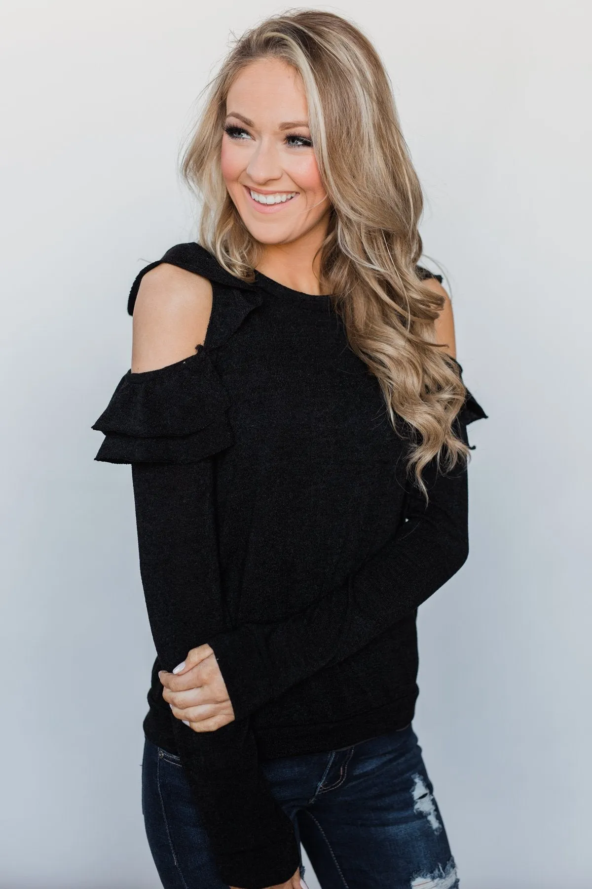 A New Hello Ruffle Cold Shoulder Top- Black