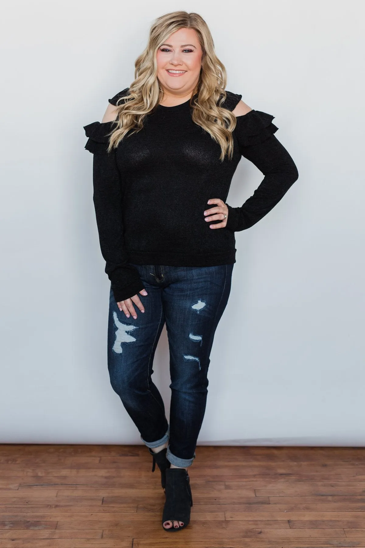 A New Hello Ruffle Cold Shoulder Top- Black